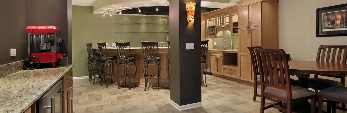 modern basement remodeling with custom finishes and open layout in a home in Bloomington, IN