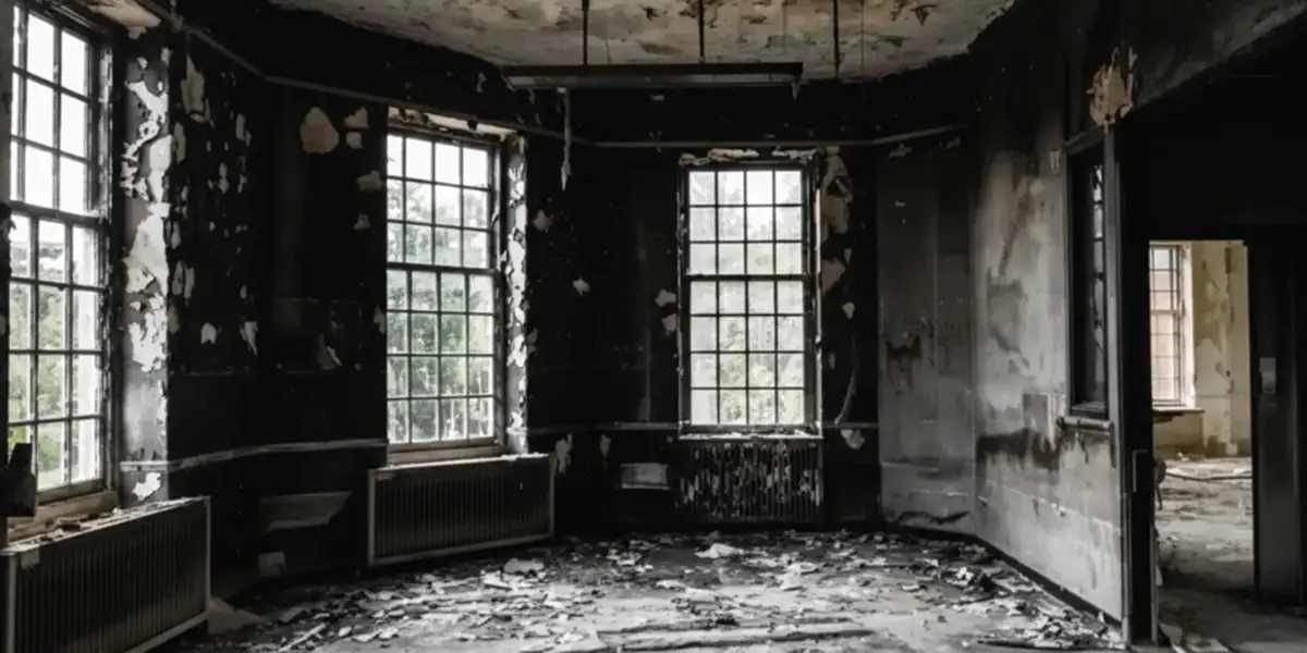 fire damage repair addressing severe interior damage and smoke residue inside a burned home in Bloomington, IN
