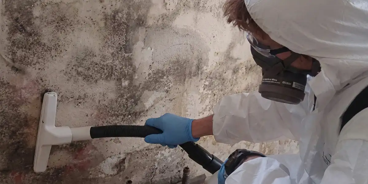 professional mold removal technician wearing protective equipment removing mold from a wall in Bloomington, IN