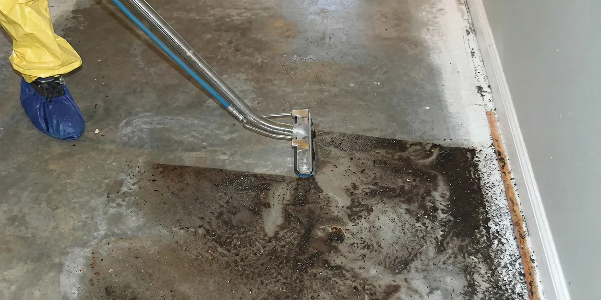 sewage removal technicians extracting contaminated wastewater from a residential floor in Bloomington, IN
