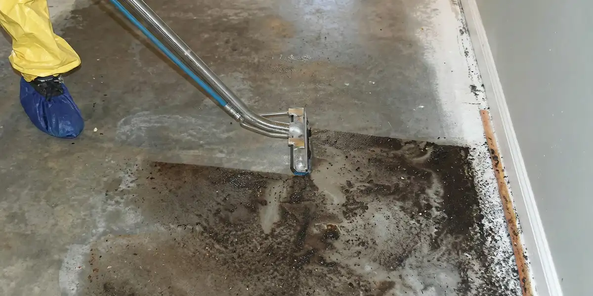 sewage removal technicians extracting contaminated wastewater from a residential floor in Bloomington, IN